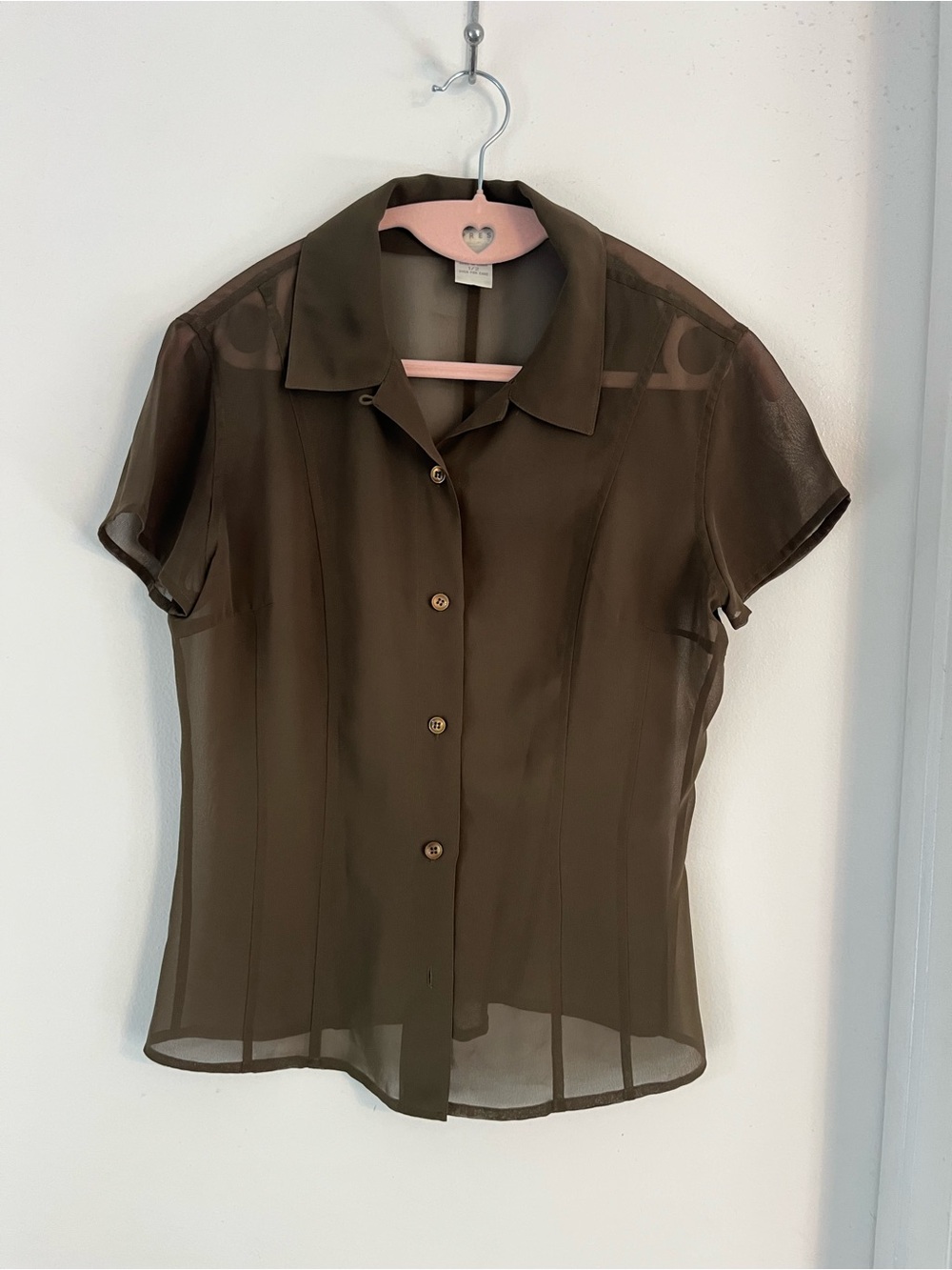 Women's Olive Green Short Sleeve Semi-Sheer Button Front Top